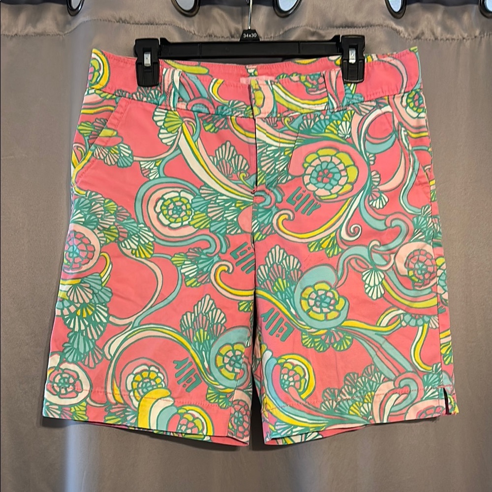 Lilly Pulitzer Pink and Green Bermuda Shorts Vibrant Retro Style